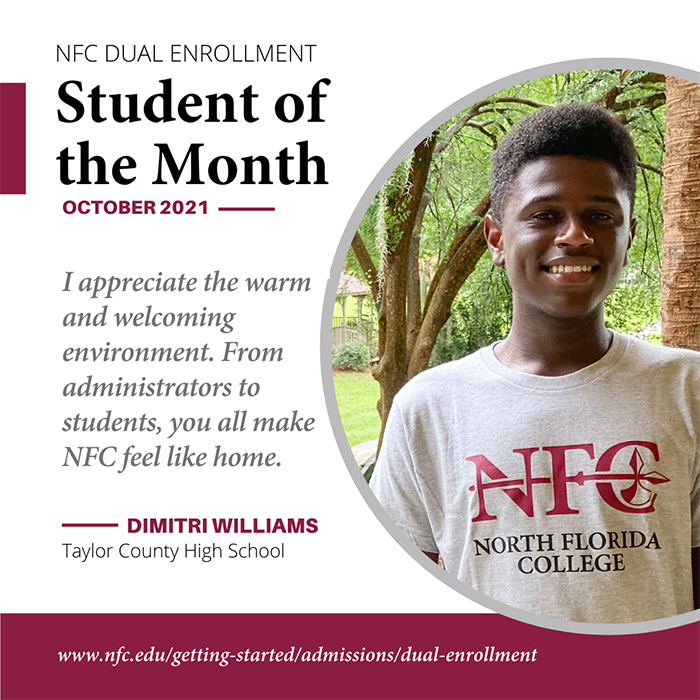 Image Featuring October 2021 NFC Dual Enrollment Student of the Month Dimitri Williams